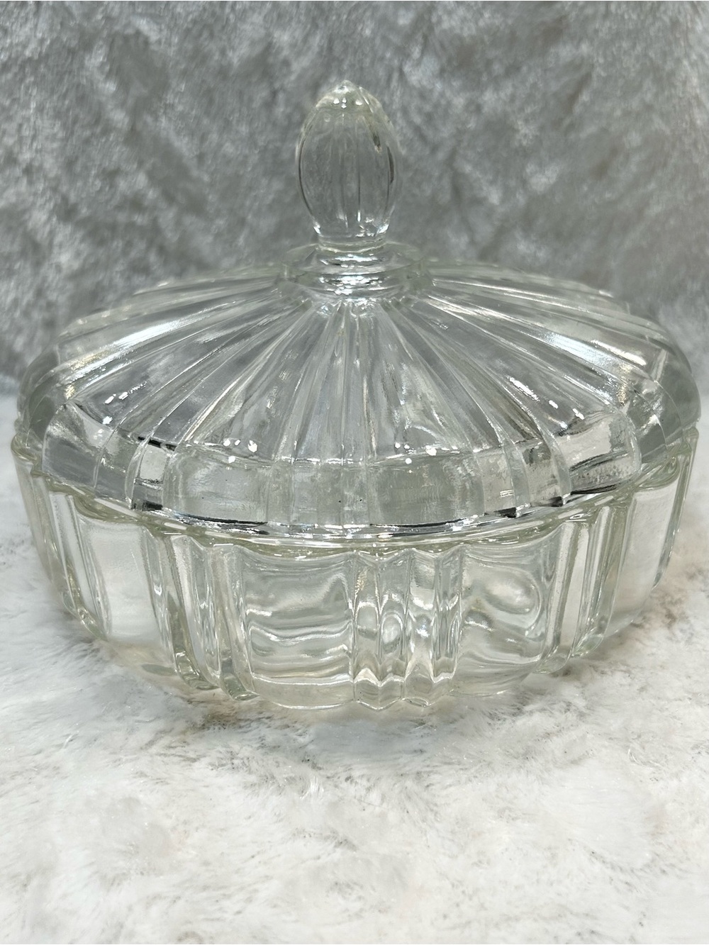 Anchor Hocking Old Cafe 1930s Glass Covered Ornate Jewelry Trinket Box Candydish